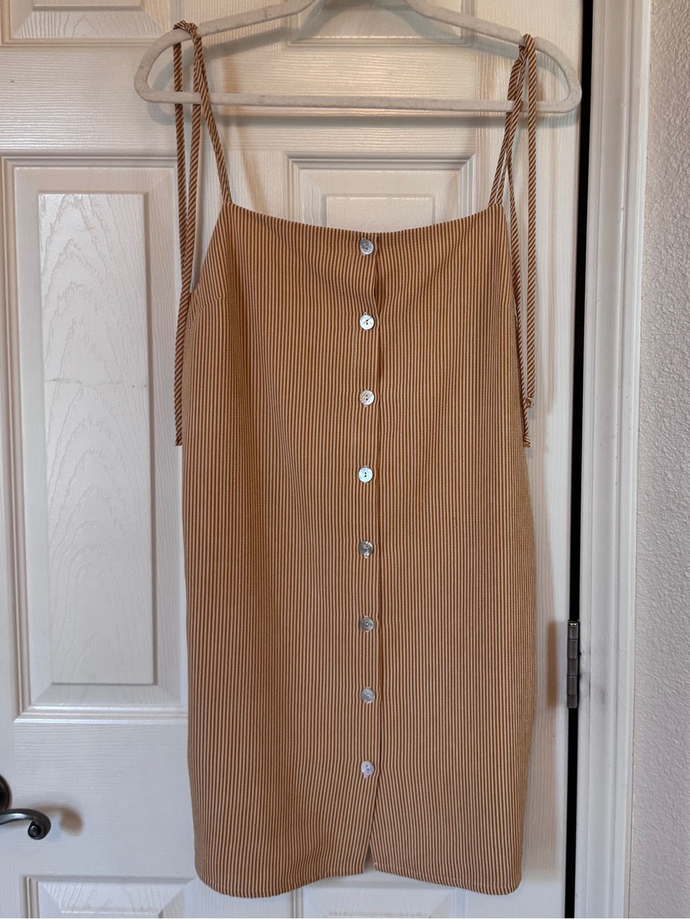Jen's Pirate Booty Tan White Stripped ribbed Button-Front Mini dress Tie Straps